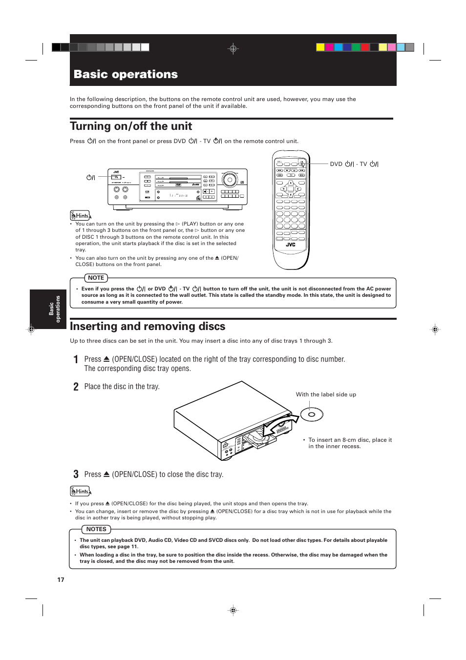 Basic operations, Turning on/off the unit, Inserting and removing discs | Place the disc in the tray, Press 0 (open/close) to close the disc tray, Standby shuttle dvd, Disc title chap resume dvd reserve cancel, Standby/on karaoke on/off | JVC XV-M556TN User Manual | Page 20 / 56