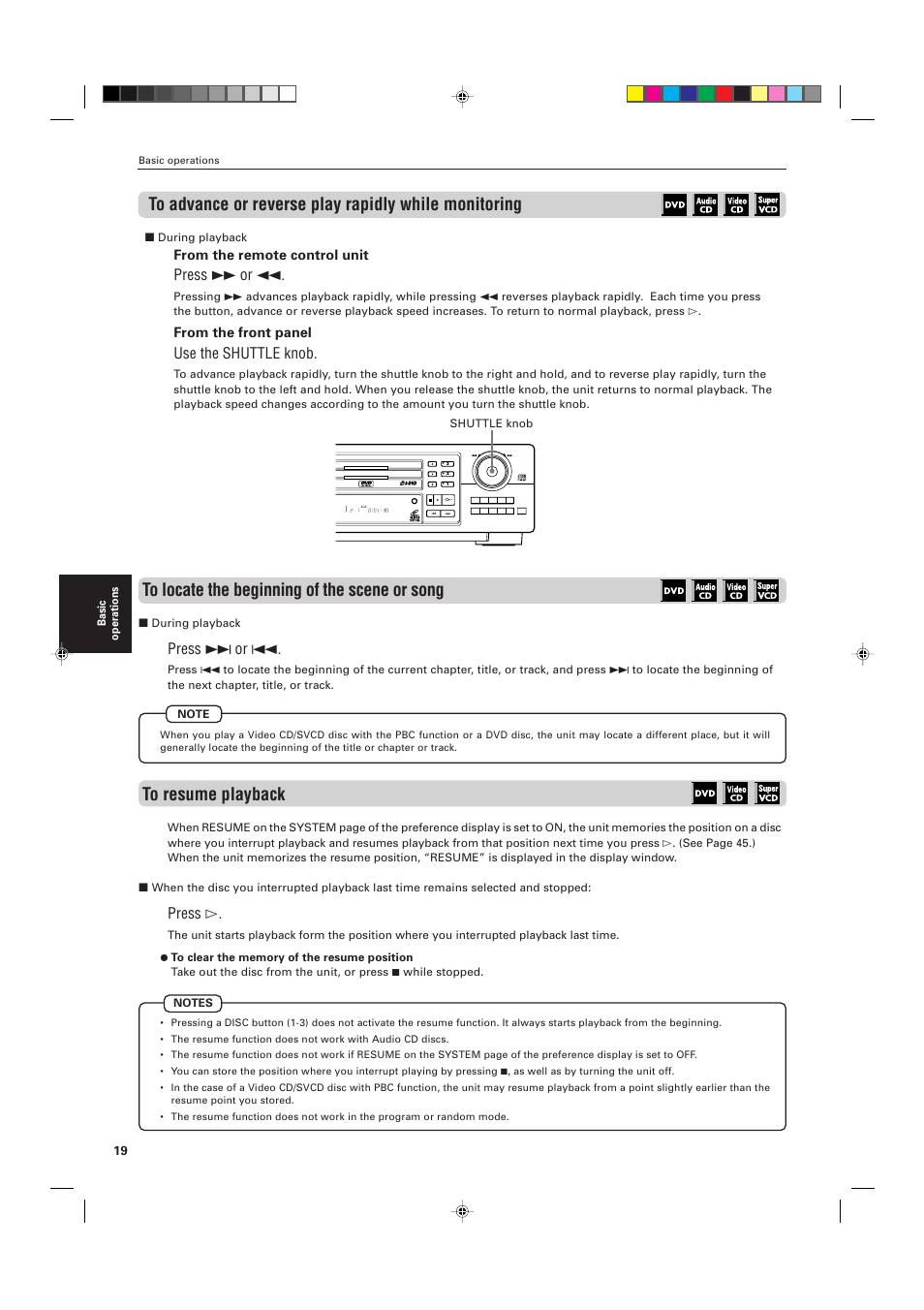 Press ¡ or 1, Use the shuttle knob, Press ¢ or 4 | Press, Disc title chap resume dvd, Each play & exchange, Karaoke on/off | JVC XV-M556TN User Manual | Page 22 / 56