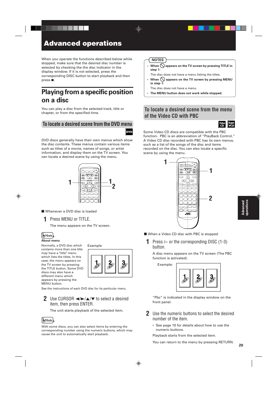 Advanced operations, Playing from a specific position on a disc, Press menu or title | Press # or the corresponding disc (1-3) button | JVC XV-M556TN User Manual | Page 23 / 56