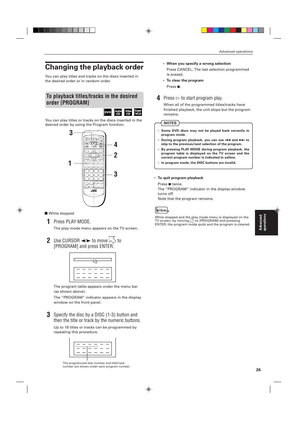 Changing the playback order, Press play mode, Press # to start program play | JVC XV-M556TN User Manual | Page 29 / 56