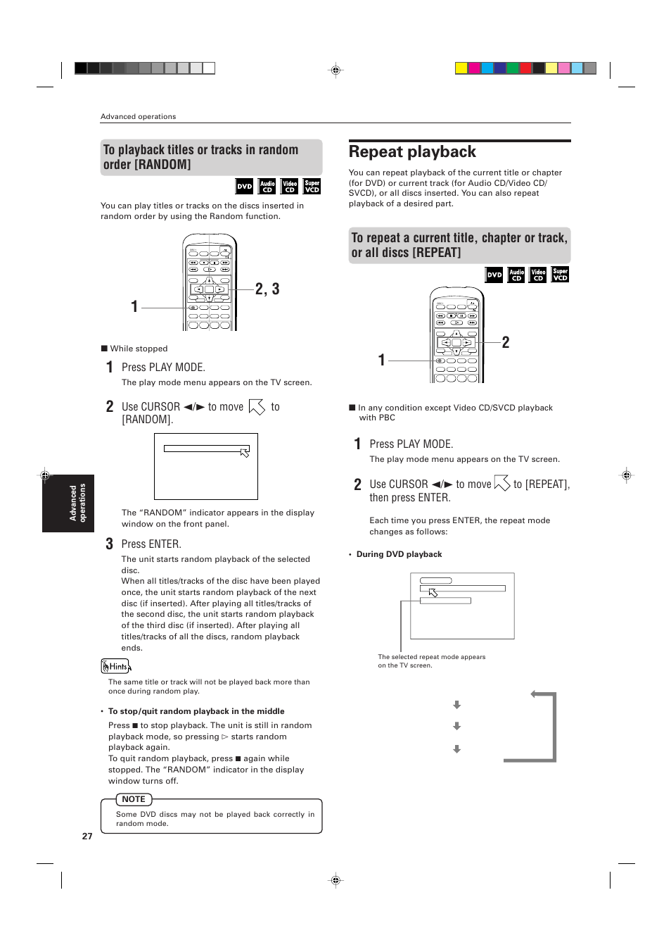 Repeat playback, Press enter, Press play mode | Use cursor 2/3 to move to [random | JVC XV-M556TN User Manual | Page 30 / 56
