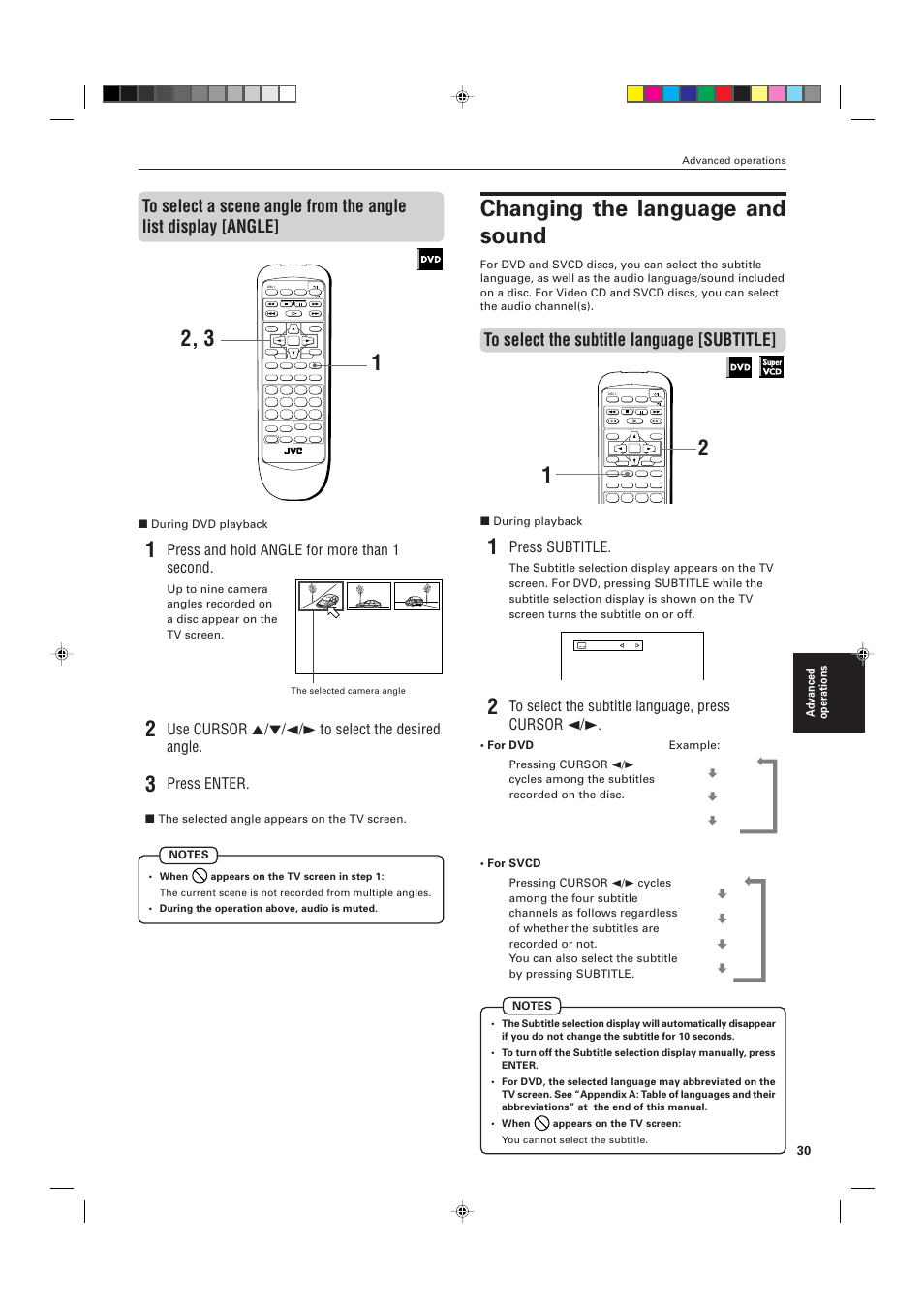 Changing the language and sound, Press and hold angle for more than 1 second, Use cursor 5/∞/2/3 to select the desired angle | Press enter, Press subtitle | JVC XV-M556TN User Manual | Page 33 / 56
