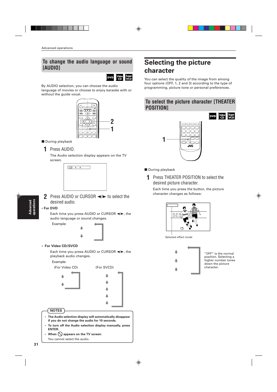 Selecting the picture character, Press audio | JVC XV-M556TN User Manual | Page 34 / 56