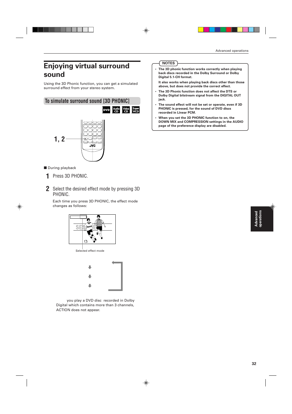 Enjoying virtual surround sound, Press 3d phonic | JVC XV-M556TN User Manual | Page 35 / 56