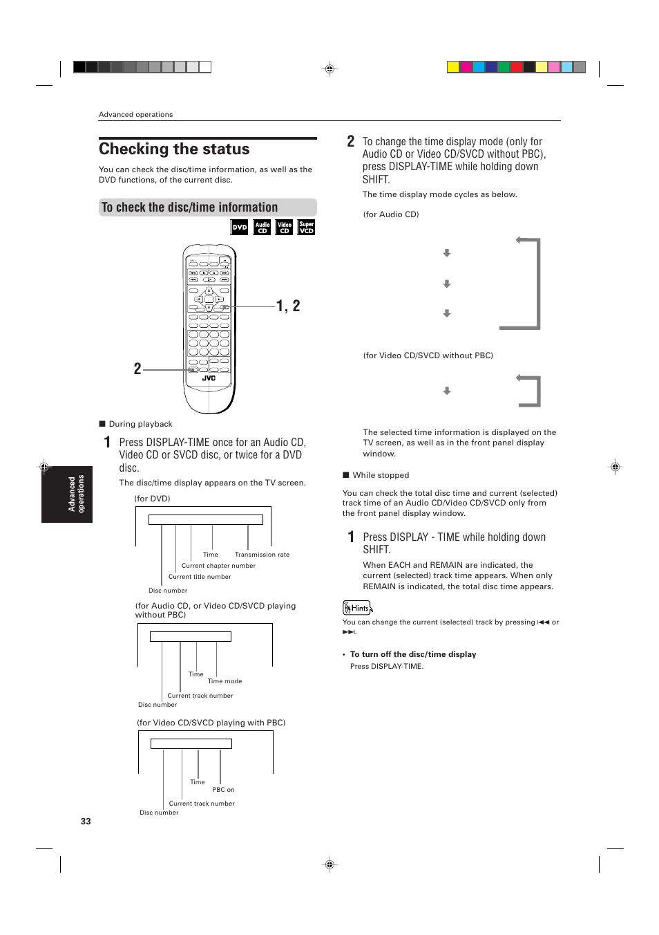 Checking the status, Press display - time while holding down shift | JVC XV-M556TN User Manual | Page 36 / 56