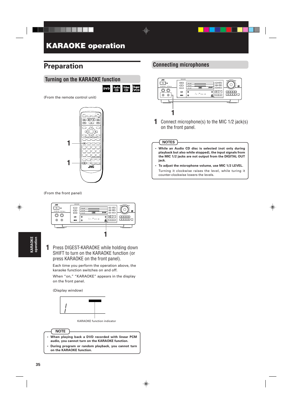 Karaoke operation preparation, Turning on the karaoke function, Connecting microphones | Standby shuttle dvd, Disc title chap resume dvd reserve cancel, Standby/on karaoke on/off stop pause play skip | JVC XV-M556TN User Manual | Page 38 / 56