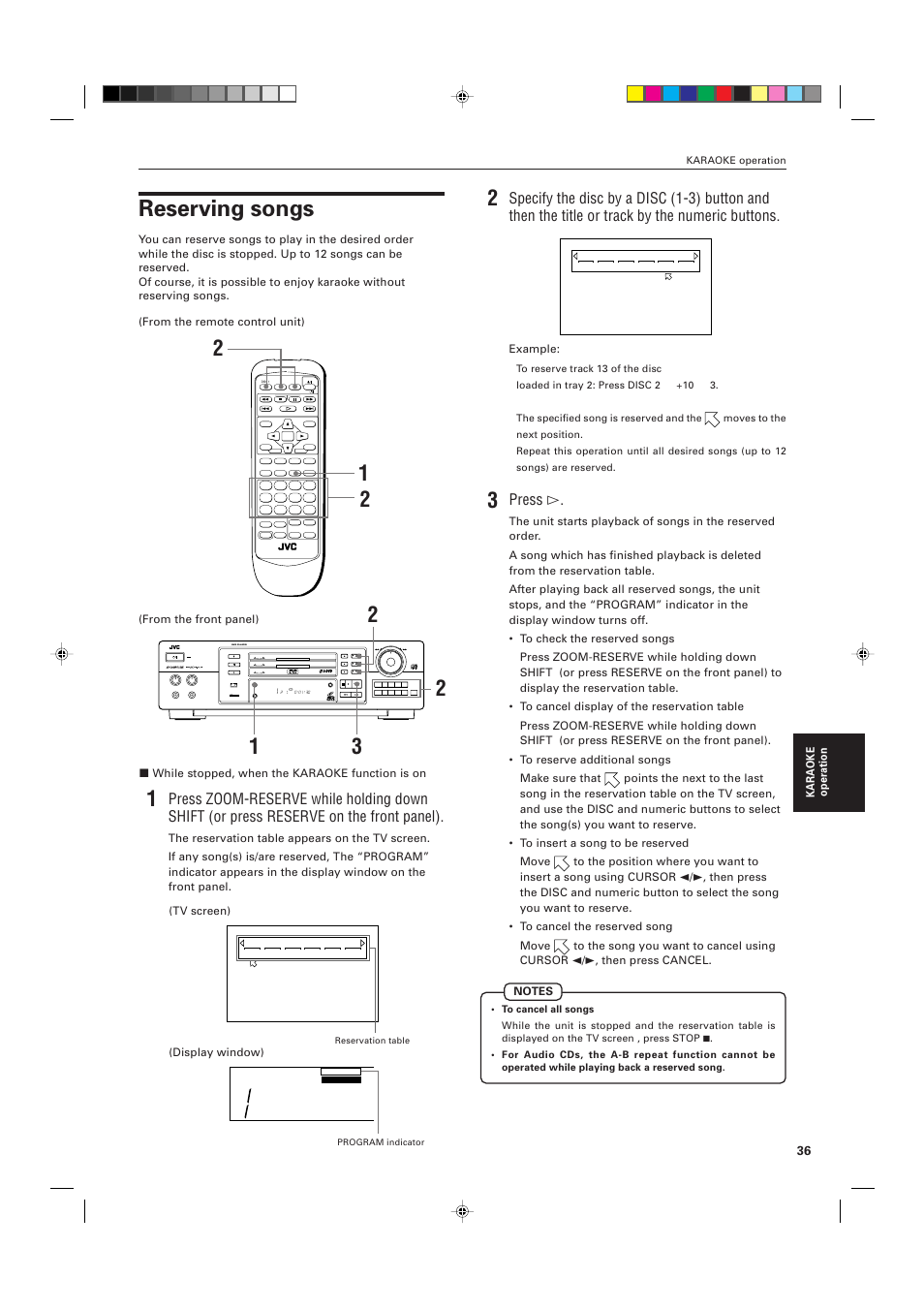 Reserving songs, Press, Standby shuttle dvd | Disc title chap resume dvd reserve cancel, Standby/on karaoke on/off stop pause play skip | JVC XV-M556TN User Manual | Page 39 / 56