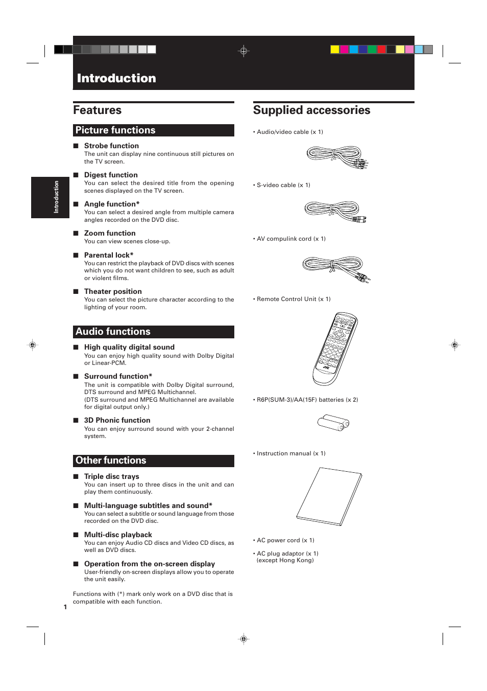Features, Supplied accessories, Introduction | Picture functions, Audio functions, Other functions | JVC XV-M556TN User Manual | Page 4 / 56