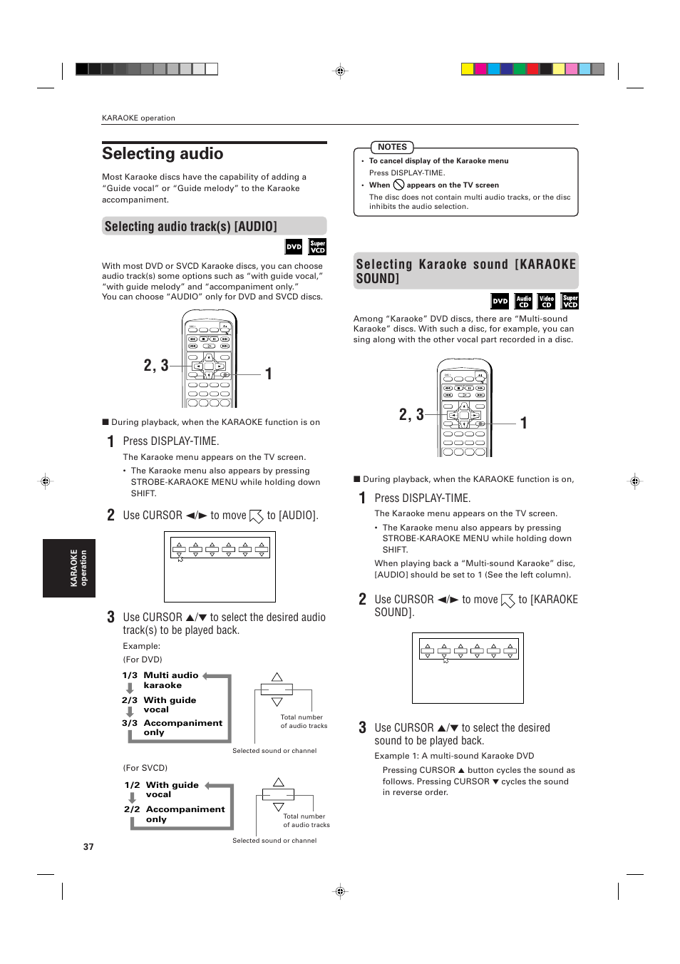 Selecting audio, Selecting karaoke sound [karaoke sound, Selecting audio track(s) [audio | Press display-time, Use cursor 2/3 to move to [karaoke sound, Use cursor 2/3 to move to [audio, Audio | JVC XV-M556TN User Manual | Page 40 / 56