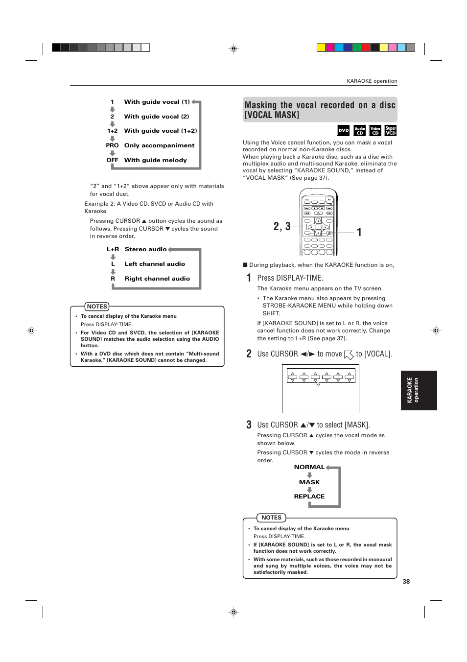 Masking the vocal recorded on a disc [vocal mask, Press display-time, Use cursor 2/3 to move to [vocal | Use cursor 5/∞ to select [mask | JVC XV-M556TN User Manual | Page 41 / 56