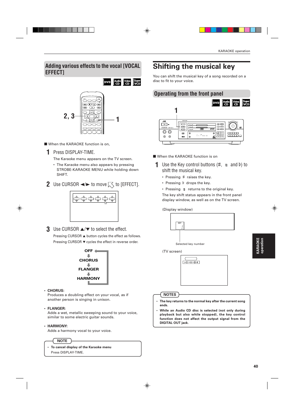 Shifting the musical key, Operating from the front panel, Adding various effects to the vocal [vocal effect | Press display-time, Use cursor 2/3 to move to [effect, Use cursor 5/∞ to select the effect, Standby shuttle dvd, Disc title chap resume dvd reserve cancel, Standby/on karaoke on/off stop pause play skip | JVC XV-M556TN User Manual | Page 43 / 56