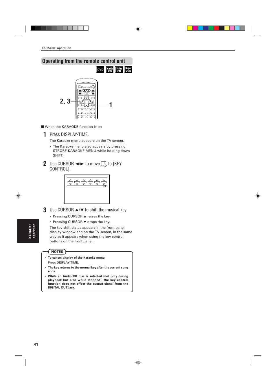 Operating from the remote control unit, Press display-time, Use cursor 2/3 to move to [key control | Use cursor 5/∞ to shift the musical key | JVC XV-M556TN User Manual | Page 44 / 56