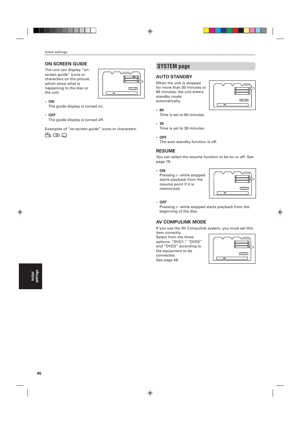 System page, On screen guide, Auto standby | Resume, Av compulink mode, Initial settings | JVC XV-M556TN User Manual | Page 48 / 56