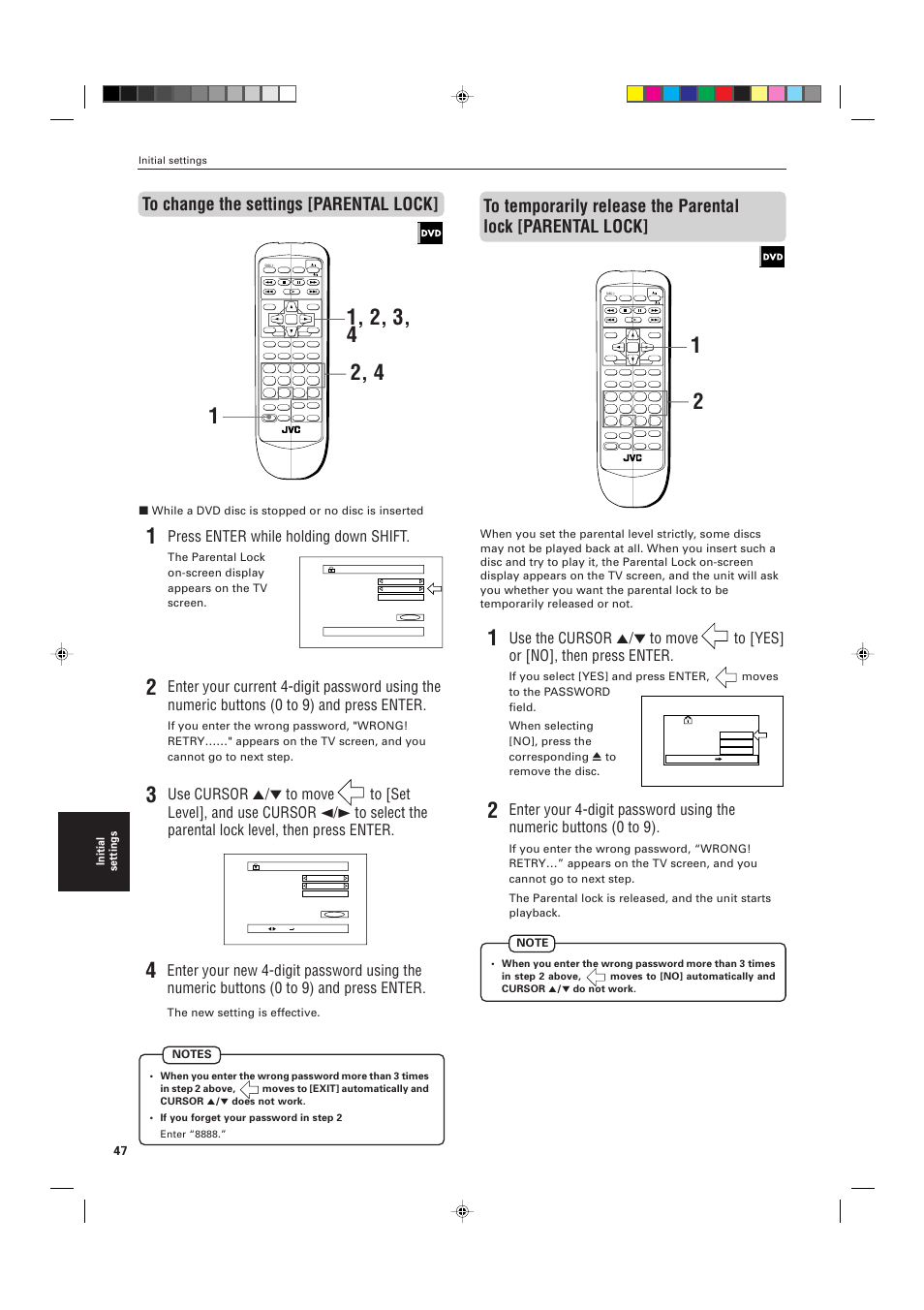 Press enter while holding down shift, Initial settings, The new setting is effective | While a dvd disc is stopped or no disc is inserted | JVC XV-M556TN User Manual | Page 50 / 56