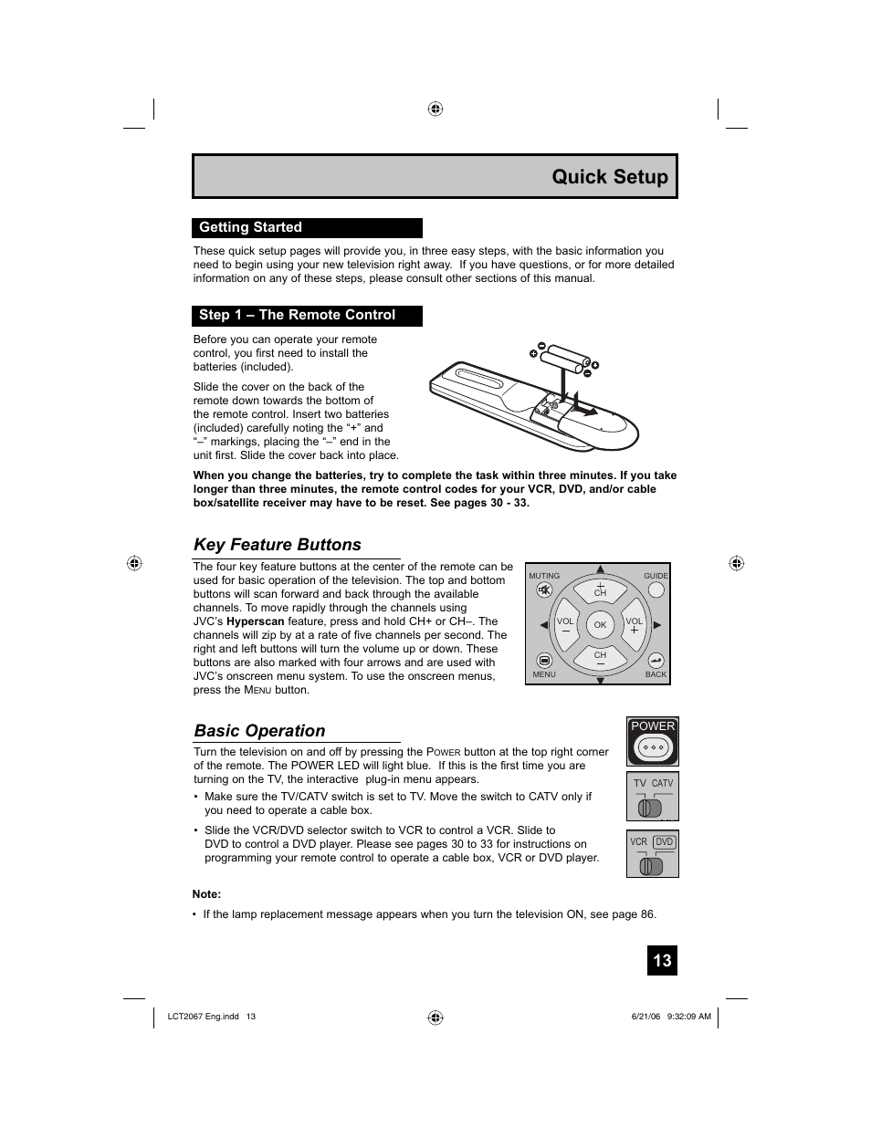Getting started, Step 1 – the remote control, Quick setup | Key feature buttons, Basic operation, Getting started step 1 – the remote control | JVC HD-61FC97 User Manual | Page 13 / 96