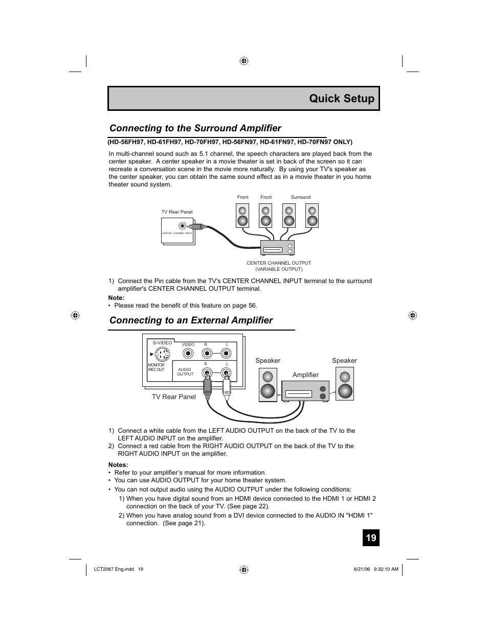Quick setup, Connecting to the surround amplifier, Connecting to an external amplifier | JVC HD-61FC97 User Manual | Page 19 / 96