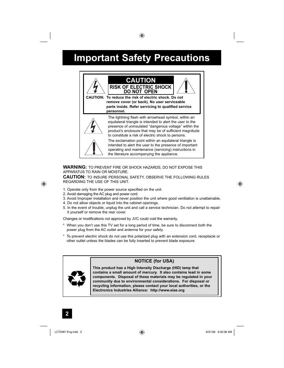 Important safety precautions, Caution | JVC HD-61FC97 User Manual | Page 2 / 96