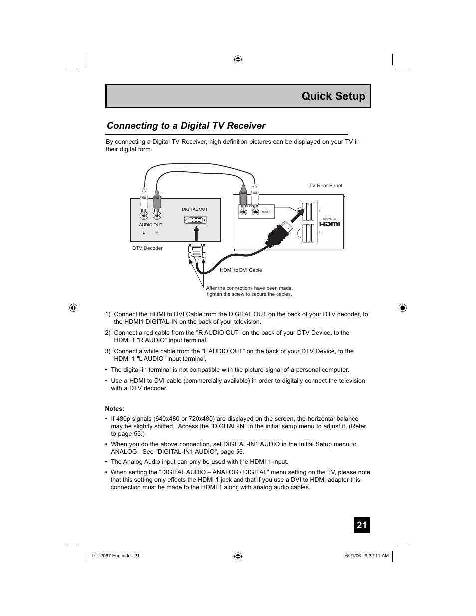 Quick setup, Connecting to a digital tv receiver | JVC HD-61FC97 User Manual | Page 21 / 96