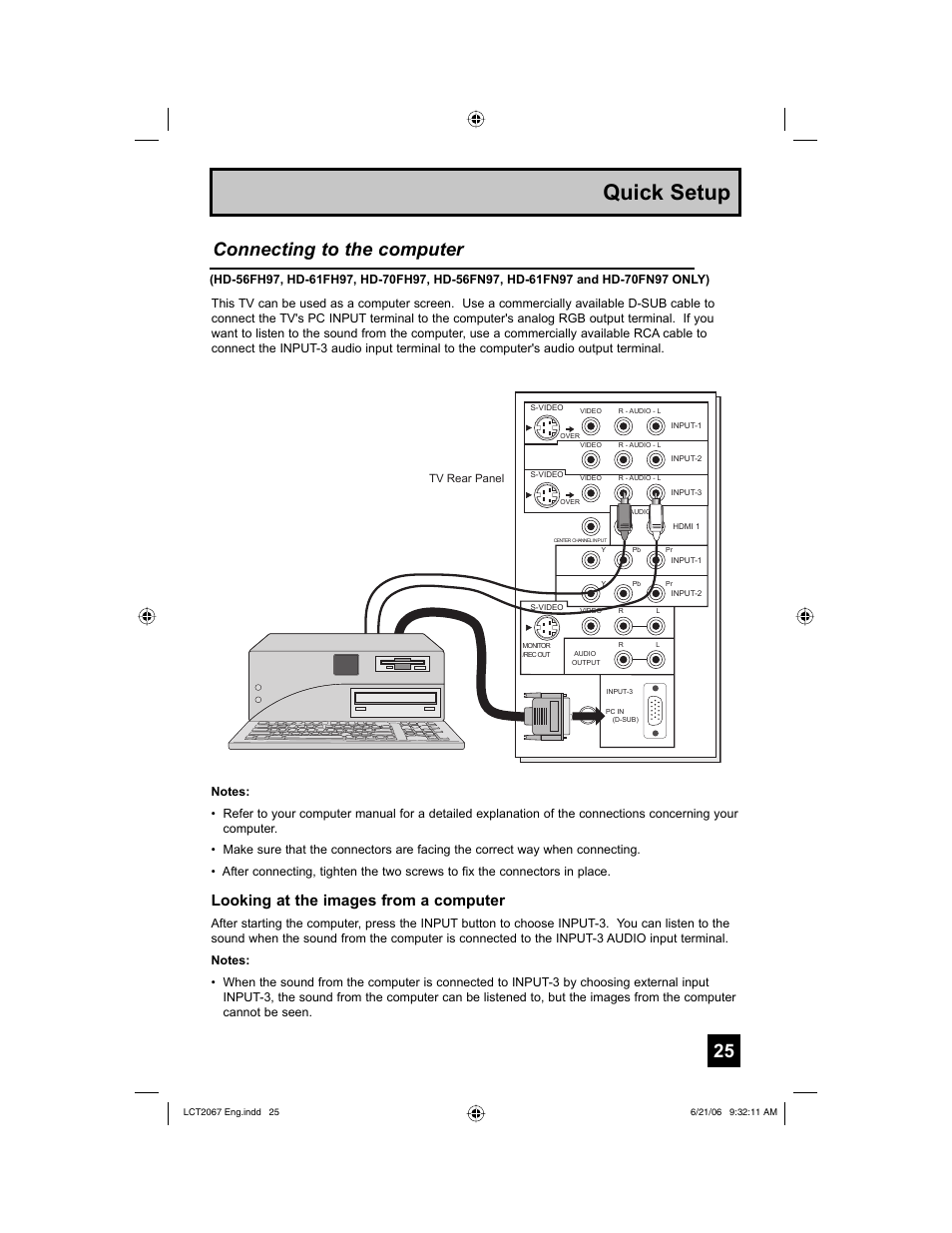 Quick setup, Connecting to the computer, Looking at the images from a computer | JVC HD-61FC97 User Manual | Page 25 / 96