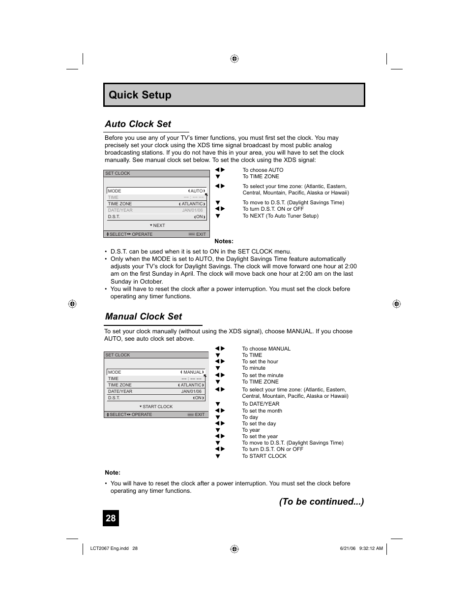 Quick setup, Manual clock set, Auto clock set (to be continued...) | JVC HD-61FC97 User Manual | Page 28 / 96