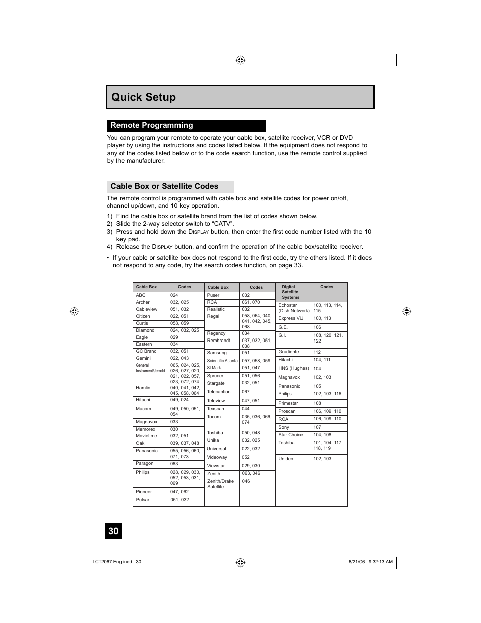 Remote programming, Quick setup, Remote programming cable box or satellite codes | JVC HD-61FC97 User Manual | Page 30 / 96