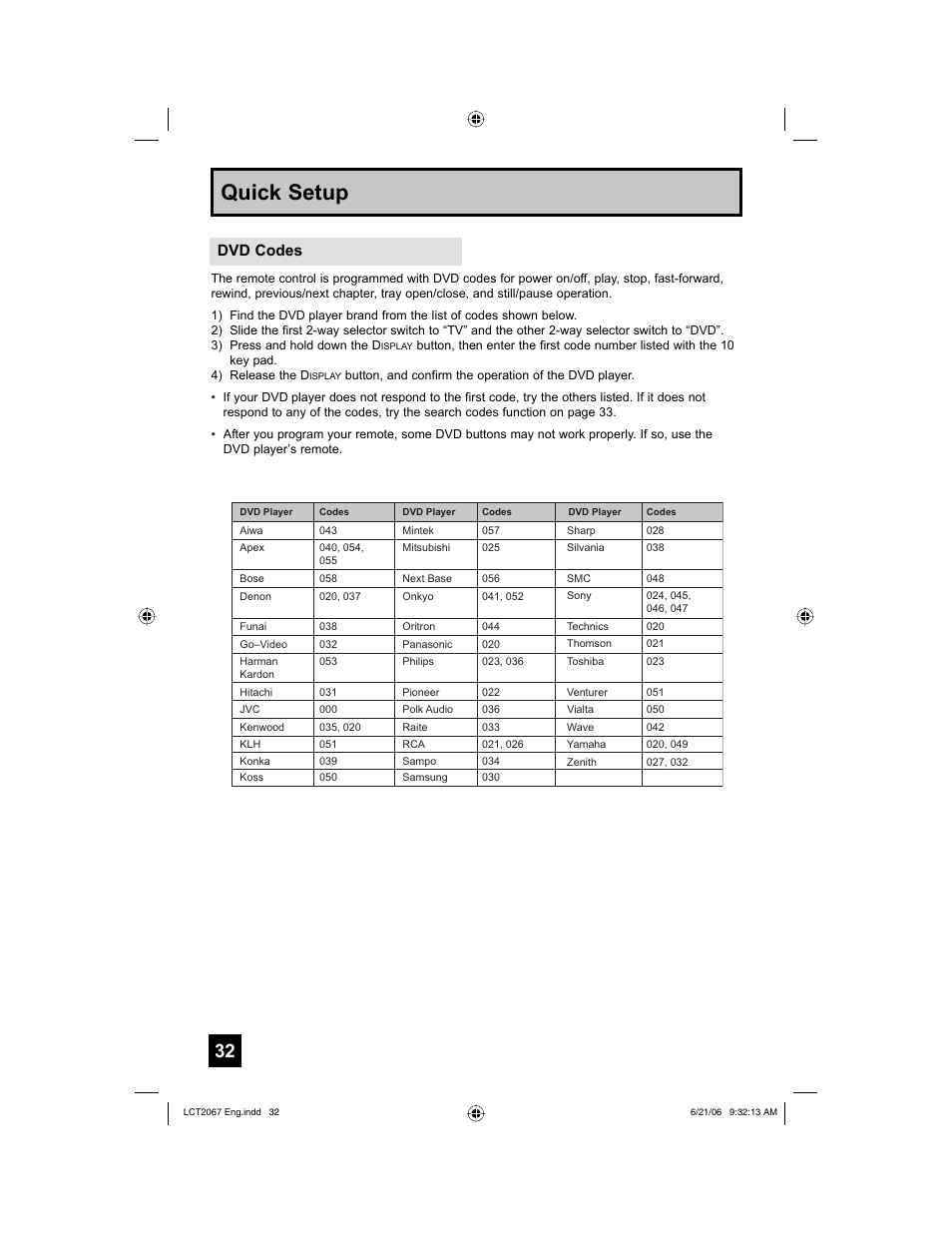 Quick setup, Dvd codes | JVC HD-61FC97 User Manual | Page 32 / 96