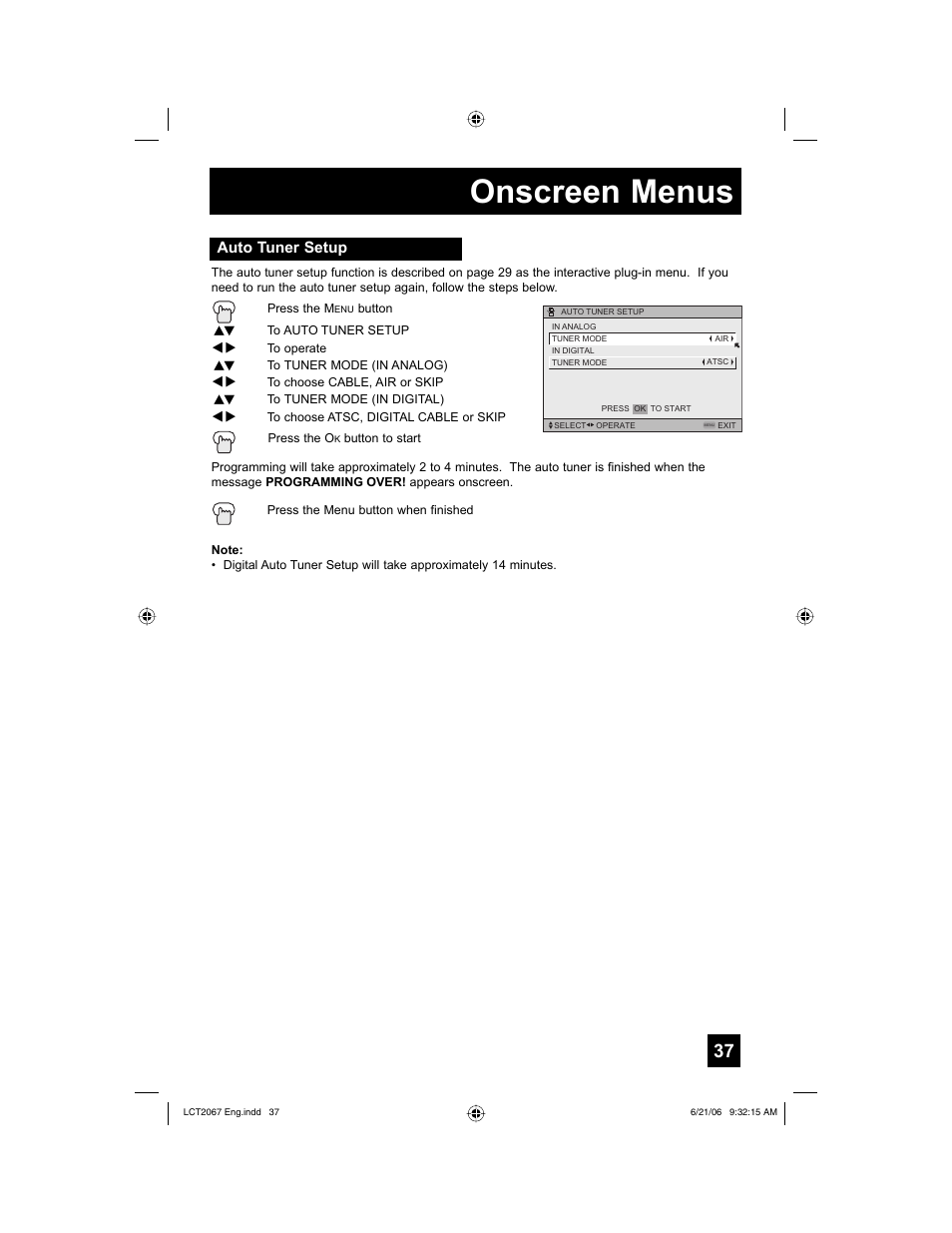 Auto tuner setup, Onscreen menus | JVC HD-61FC97 User Manual | Page 37 / 96