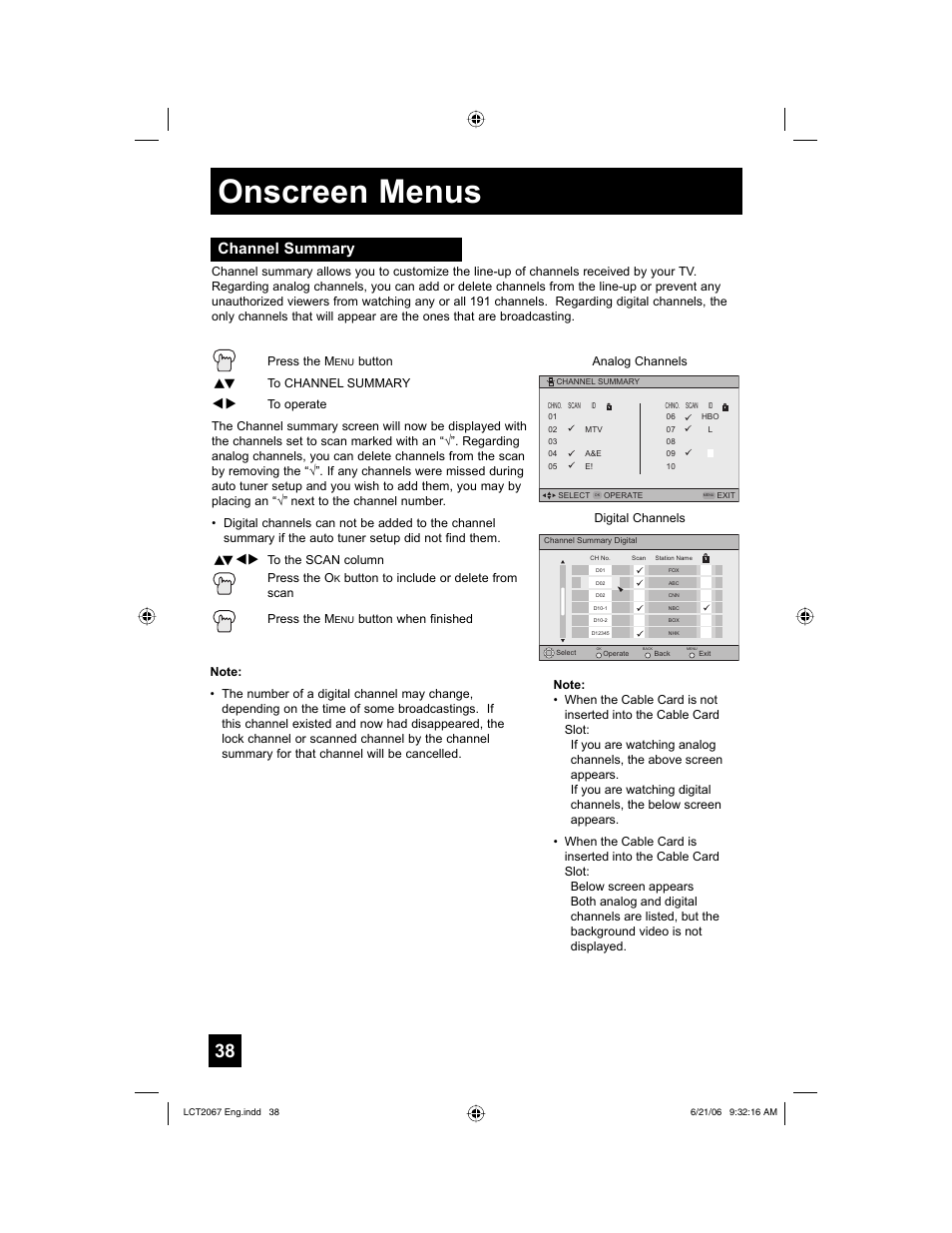 Channel summary, Onscreen menus | JVC HD-61FC97 User Manual | Page 38 / 96