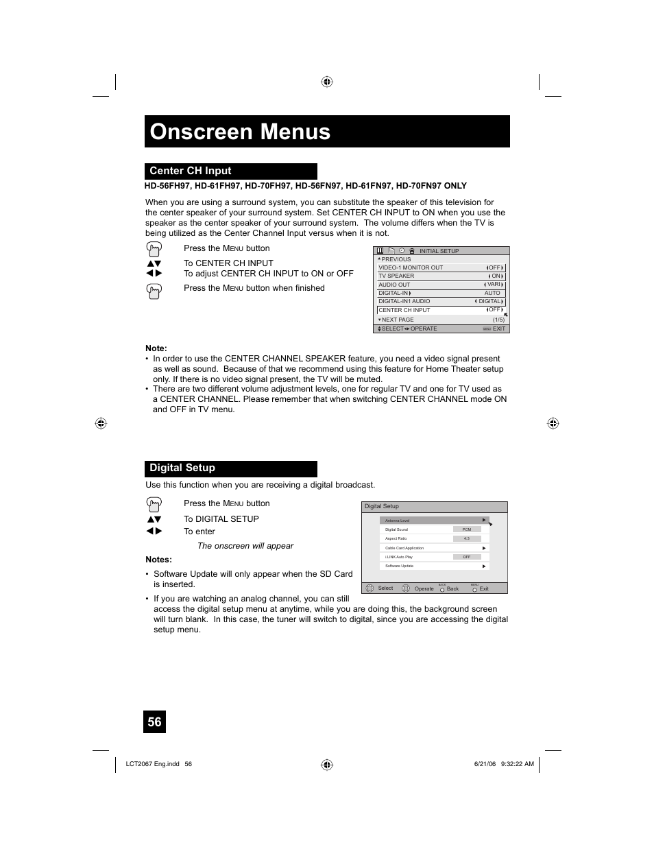 Center ch input, Digital setup, Onscreen menus | JVC HD-61FC97 User Manual | Page 56 / 96