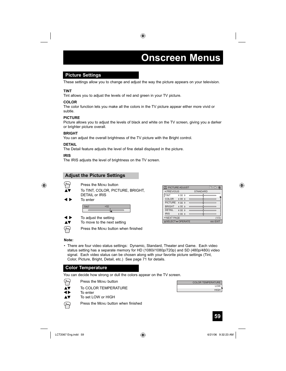 Picture settings, Color temperature, Onscreen menus | JVC HD-61FC97 User Manual | Page 59 / 96
