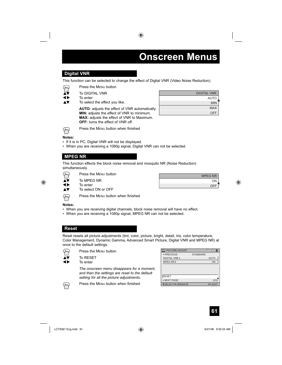 Digital vnr, Mpeg nr, Reset | Onscreen menus, Digital vnr mpeg nr | JVC HD-61FC97 User Manual | Page 61 / 96