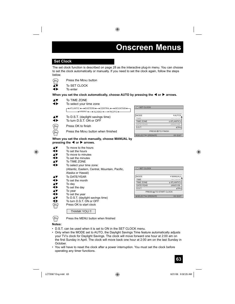 Set clock, Onscreen menus | JVC HD-61FC97 User Manual | Page 63 / 96
