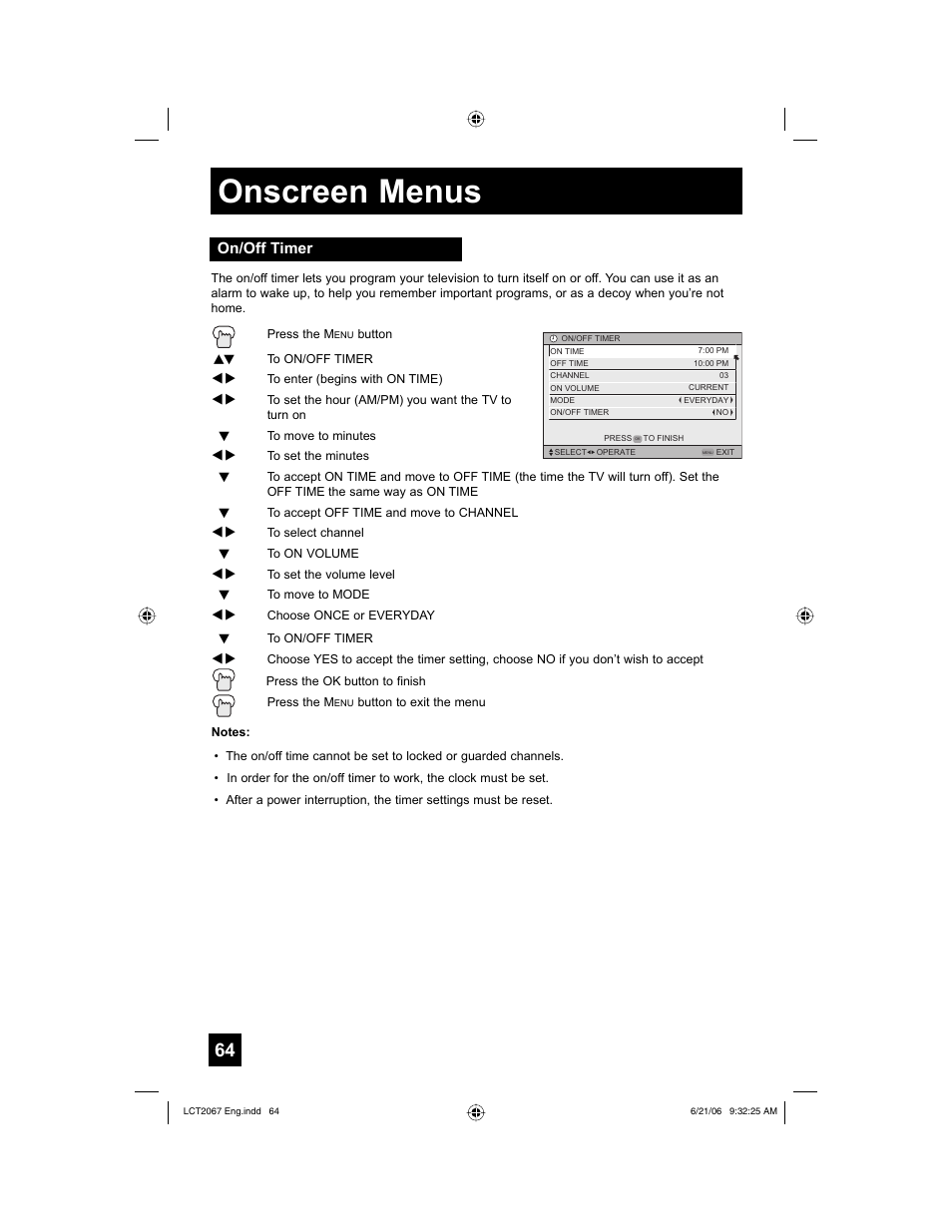 On/off timer, Onscreen menus | JVC HD-61FC97 User Manual | Page 64 / 96