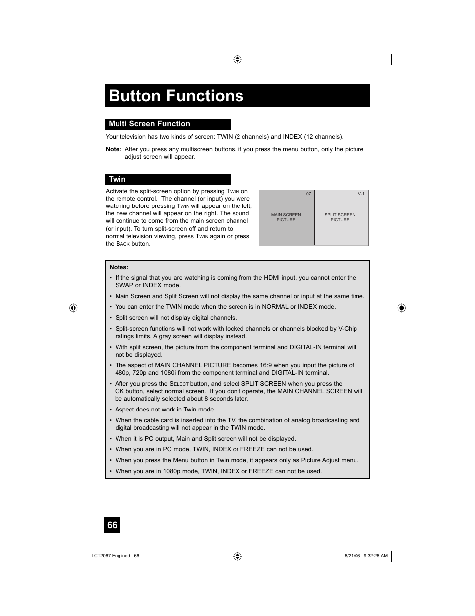 Button functions, Multi screen function, Twin | JVC HD-61FC97 User Manual | Page 66 / 96