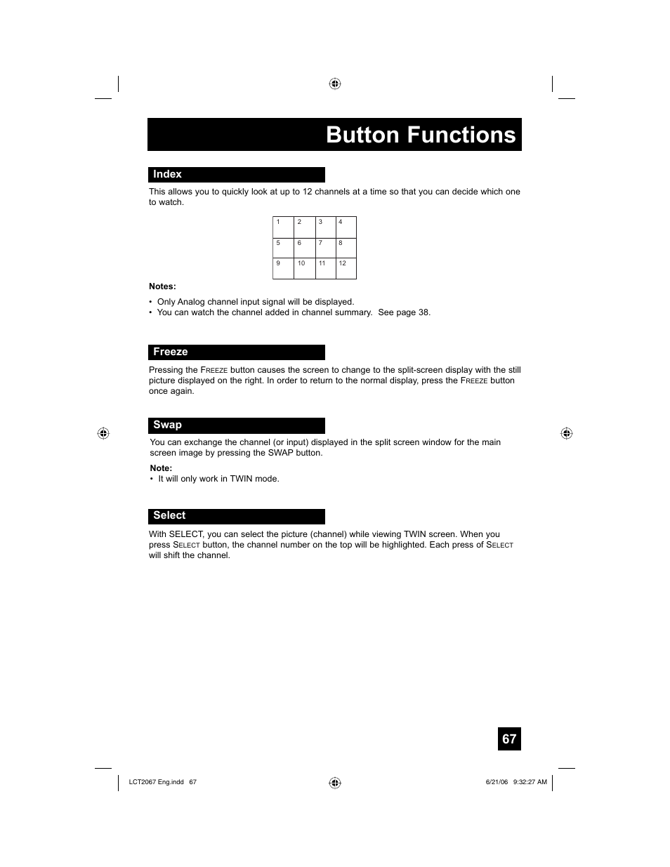 Index, Freeze, Swap | Select, Button functions, Freeze swap | JVC HD-61FC97 User Manual | Page 67 / 96