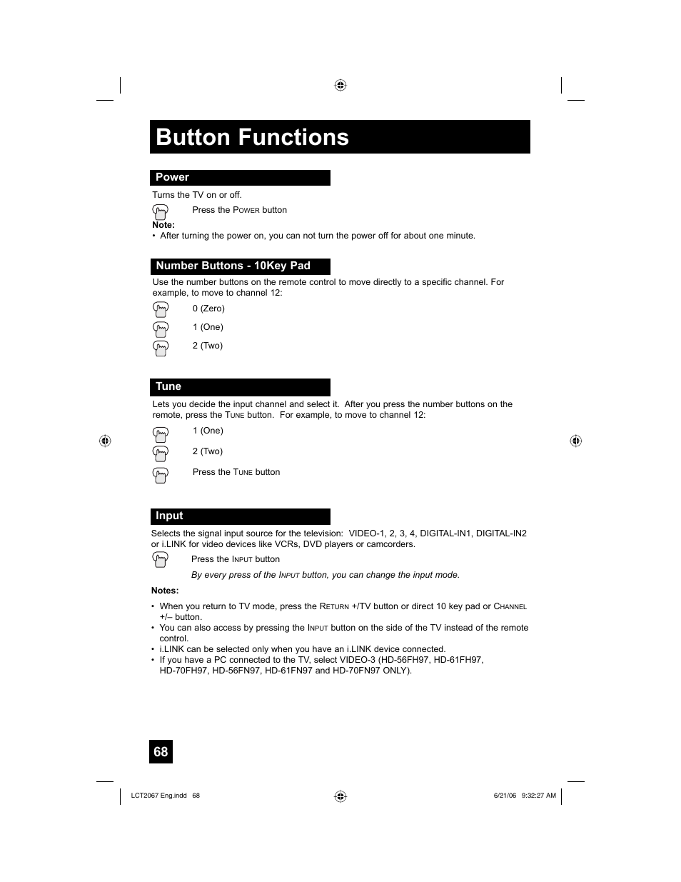 Power, Number buttons - 10key pad, Tune | Input, Button functions | JVC HD-61FC97 User Manual | Page 68 / 96