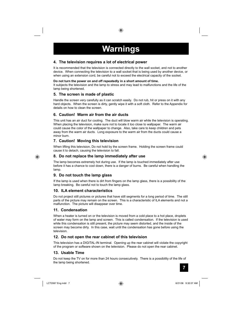 Warnings | JVC HD-61FC97 User Manual | Page 7 / 96