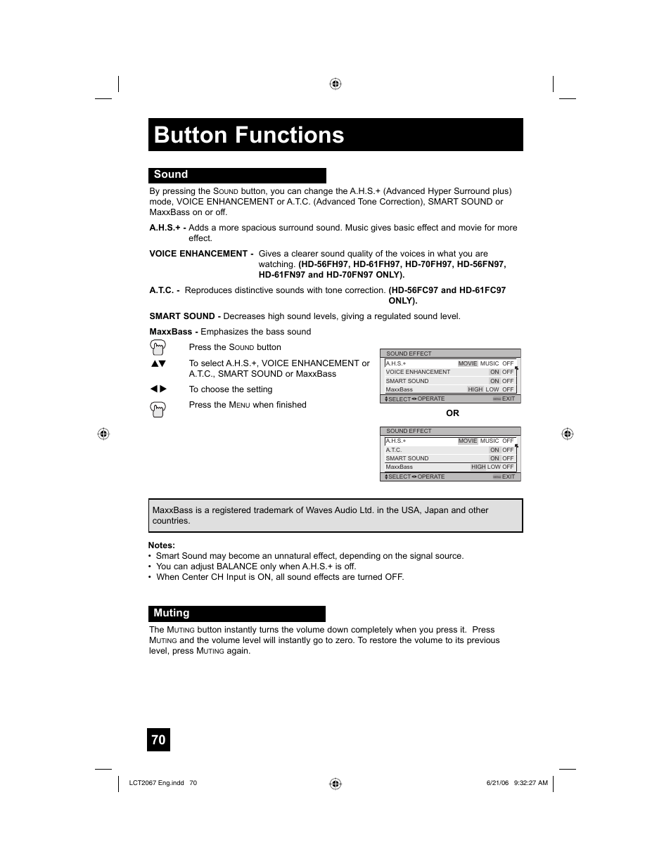 Sound, Muting, Button functions | JVC HD-61FC97 User Manual | Page 70 / 96