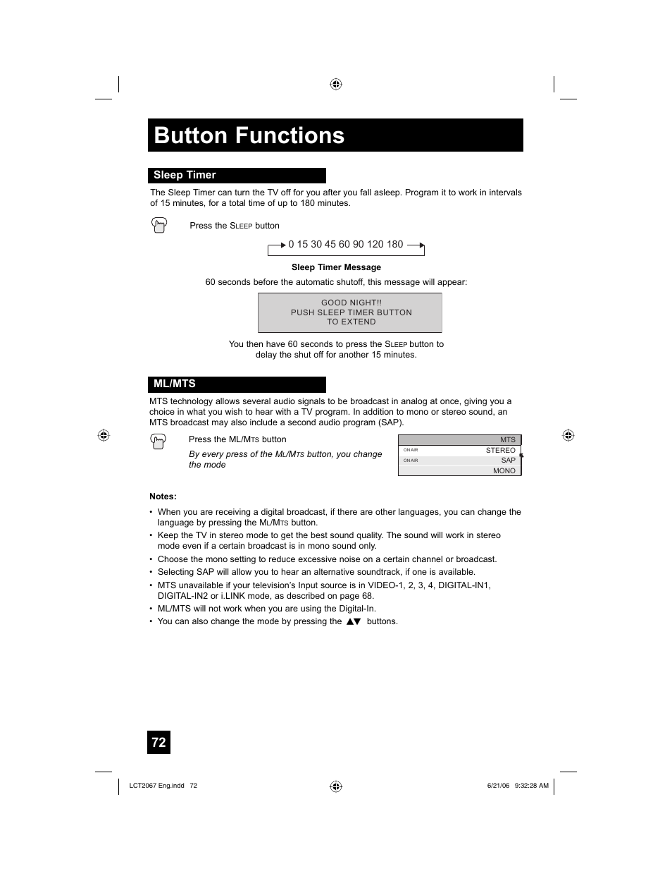 Sleep timer, Ml/mts, Button functions | JVC HD-61FC97 User Manual | Page 72 / 96