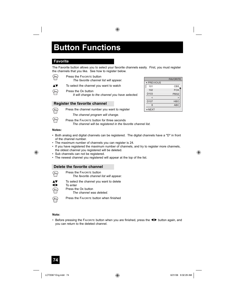 Favorite, Button functions | JVC HD-61FC97 User Manual | Page 74 / 96