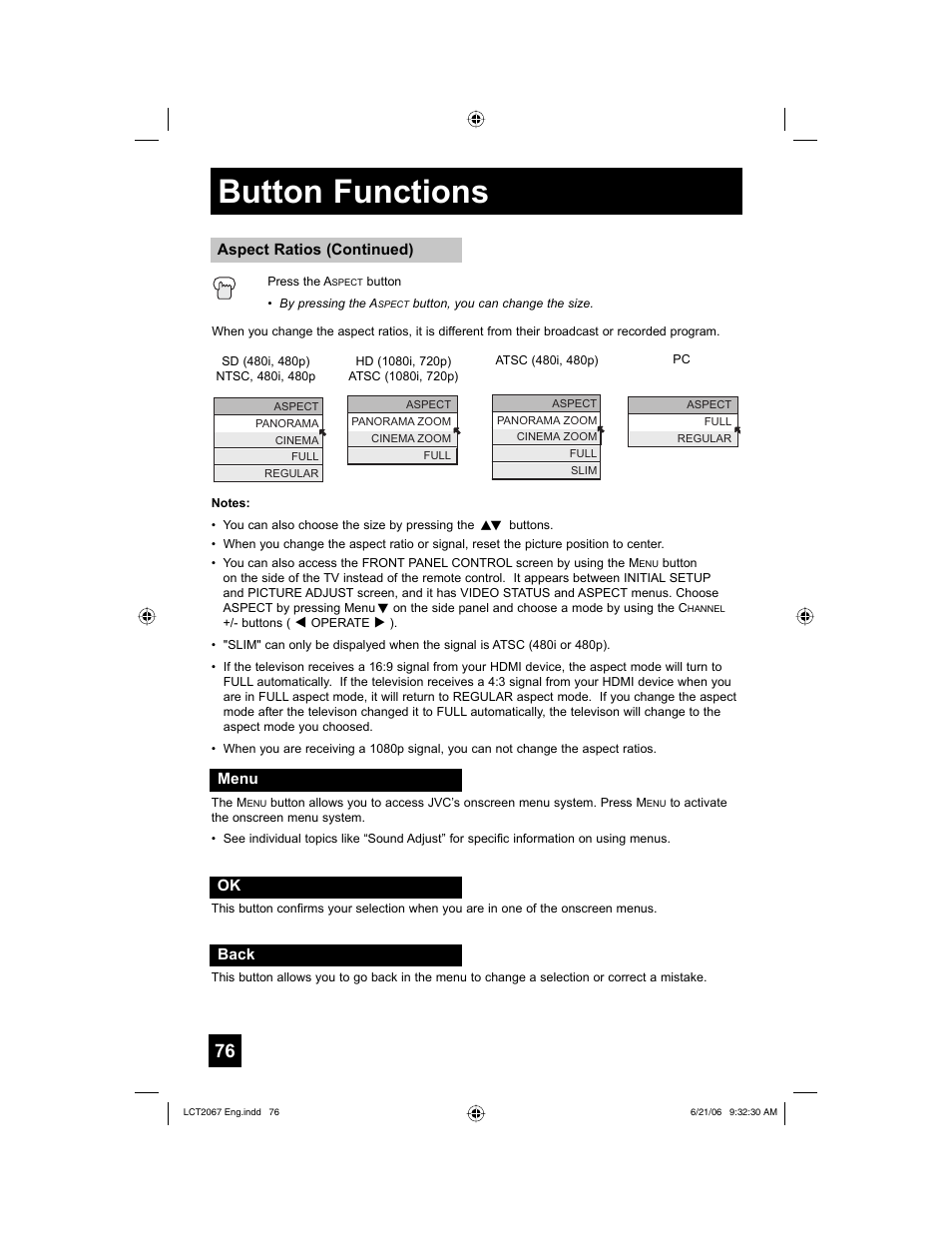 Menu, Back, Button functions | JVC HD-61FC97 User Manual | Page 76 / 96