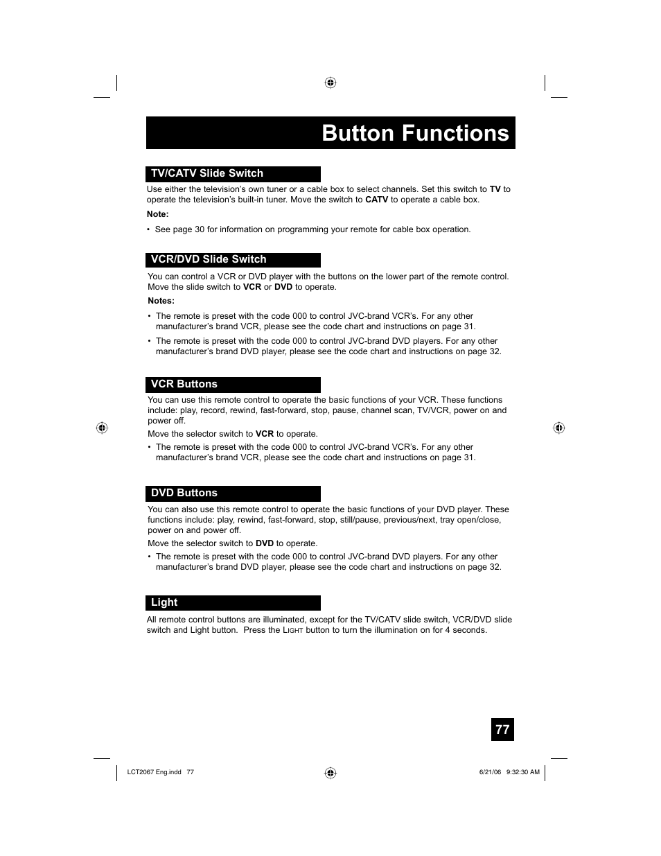 Tv/catv slide switch, Vcr/dvd slide switch, Vcr buttons | Dvd buttons, Light, Button functions | JVC HD-61FC97 User Manual | Page 77 / 96