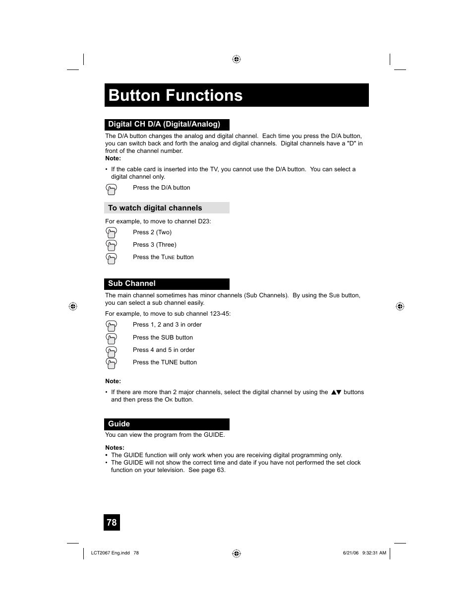 Digital ch d/a (digital/analog), Sub channel, Guide | Button functions | JVC HD-61FC97 User Manual | Page 78 / 96