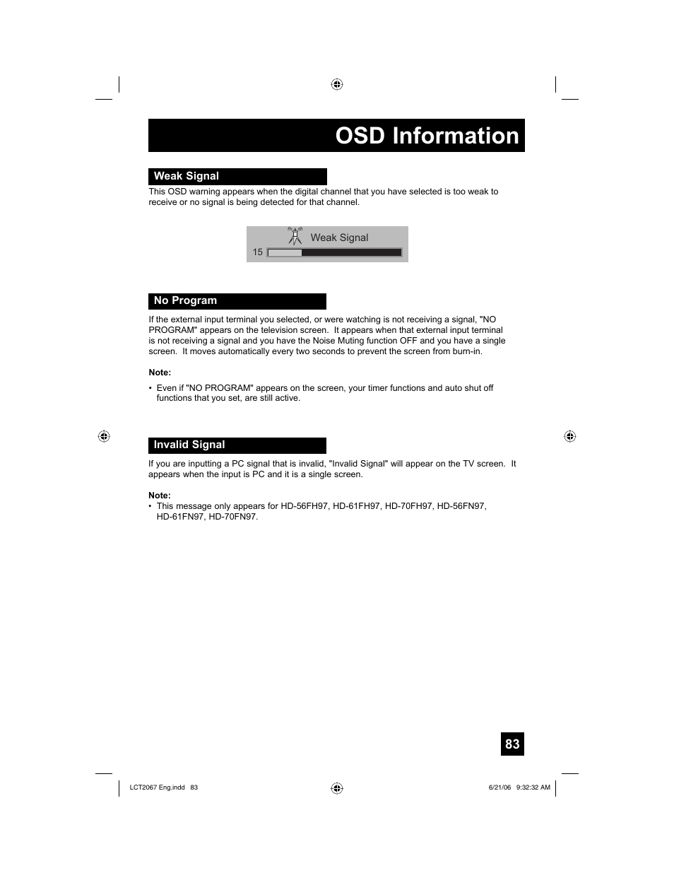 Osd information, Weak signal, No program | Invalid signal | JVC HD-61FC97 User Manual | Page 83 / 96