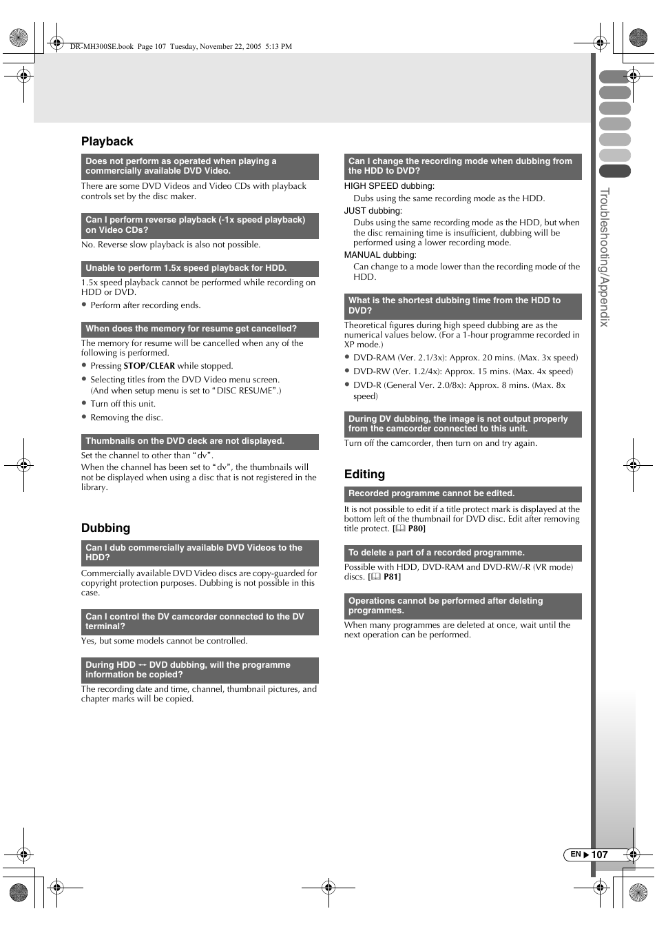 Trou b lesh ootin g/append ix, Playback, Dubbing | Editing | JVC DR-MH300BE User Manual | Page 107 / 116