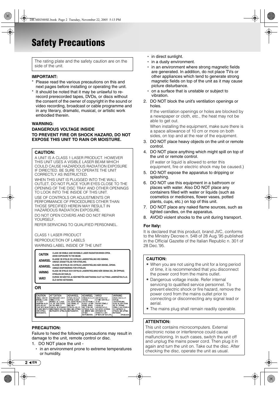 Getting started, Safety precautions | JVC DR-MH300BE User Manual | Page 2 / 116