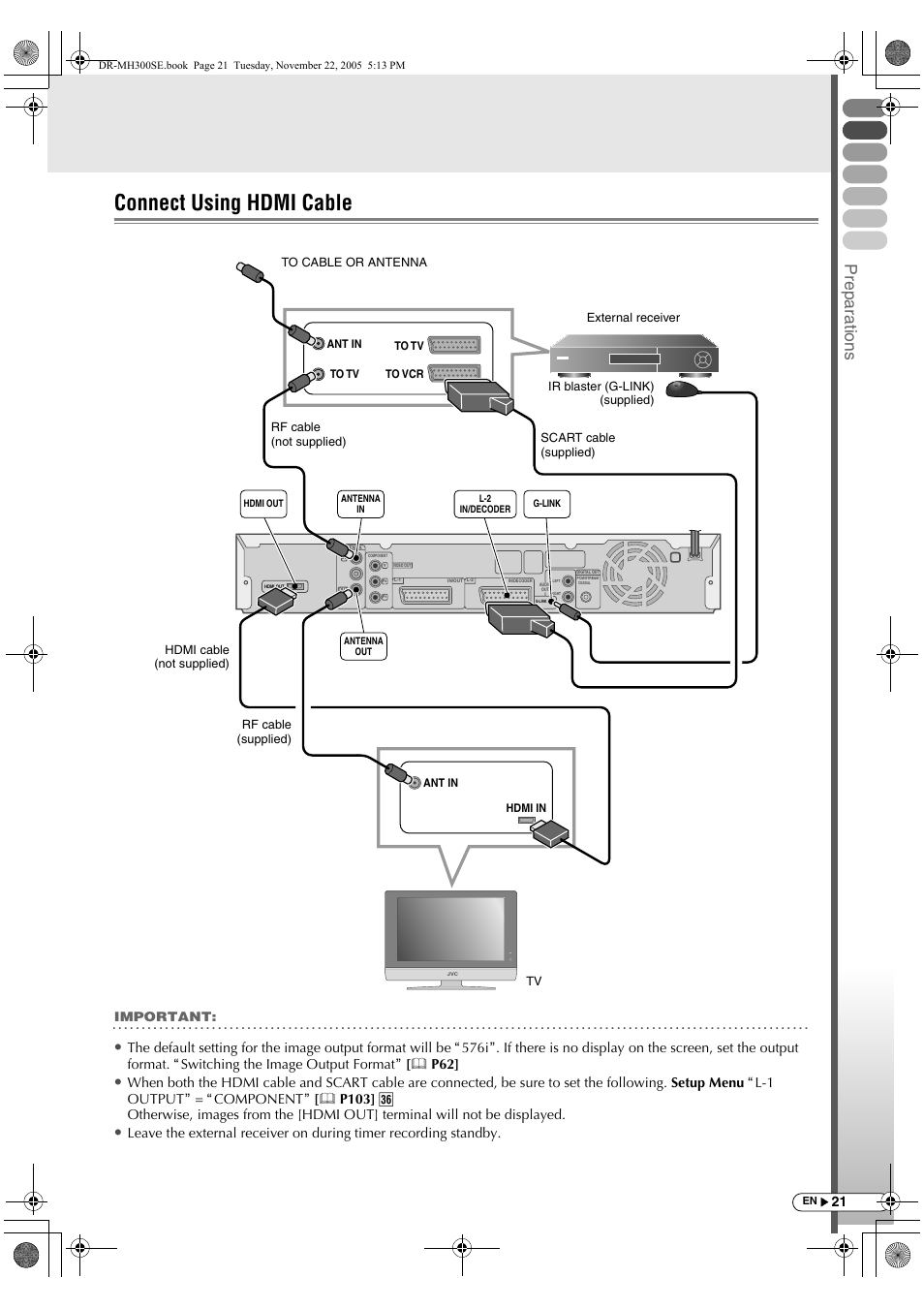 Connect using hdmi cable, Prepar a tions | JVC DR-MH300BE User Manual | Page 21 / 116