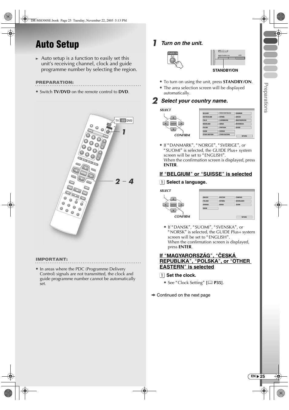 Auto setup, B- d a, Prepar a tions | Turn on the unit, Select your country name, If abelgiumb or asuisseb is selected, Aselect a language, Aset the clock | JVC DR-MH300BE User Manual | Page 25 / 116