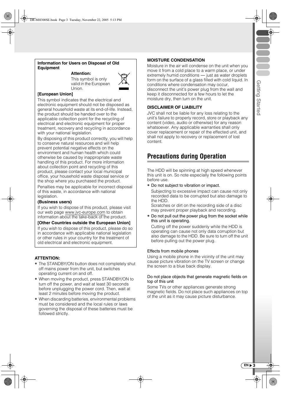 Precautions during operation | JVC DR-MH300BE User Manual | Page 3 / 116