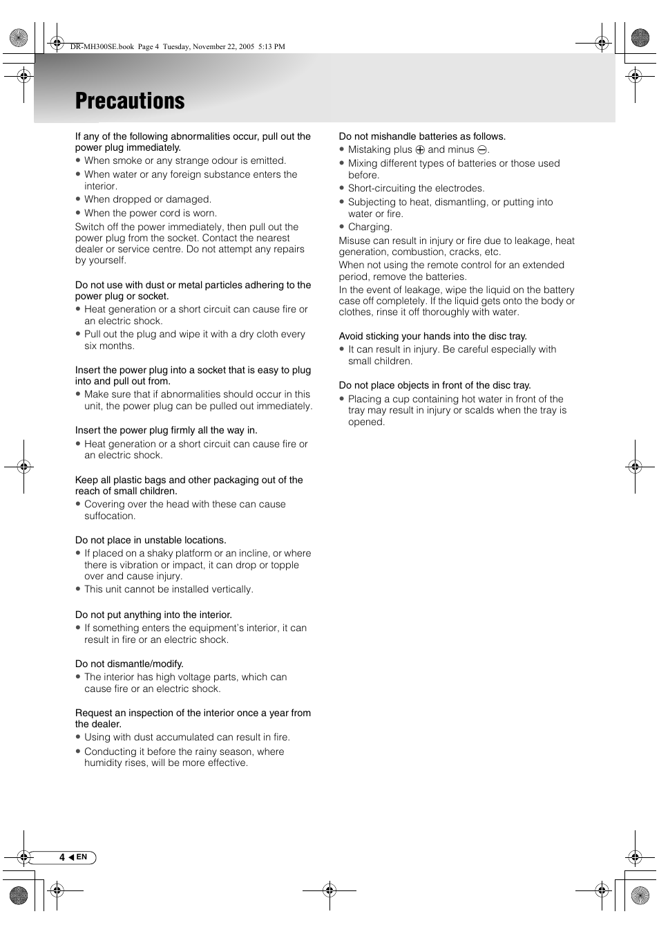 Precautions | JVC DR-MH300BE User Manual | Page 4 / 116